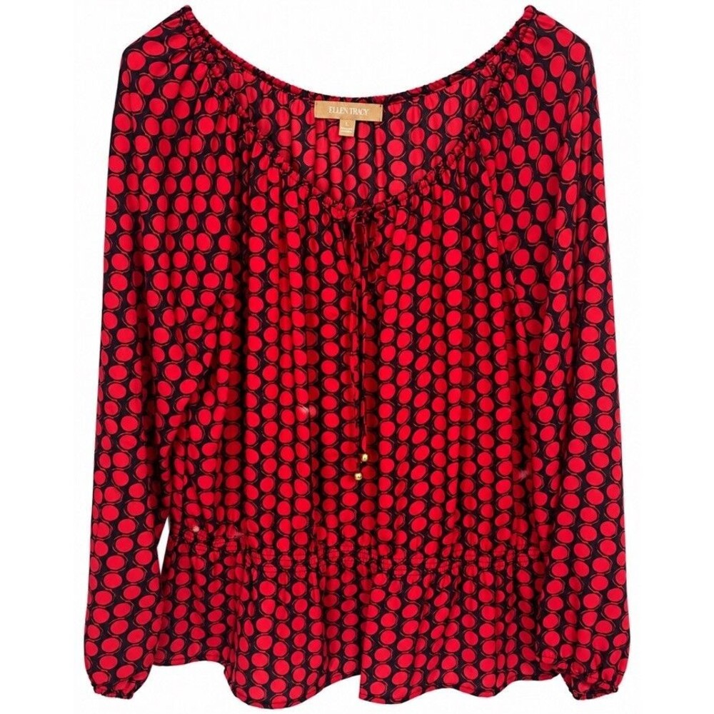 Ellen Tracy Women’s L Red Navy Polka Dot Peasant Blouse Smocked Waist Boho Top
